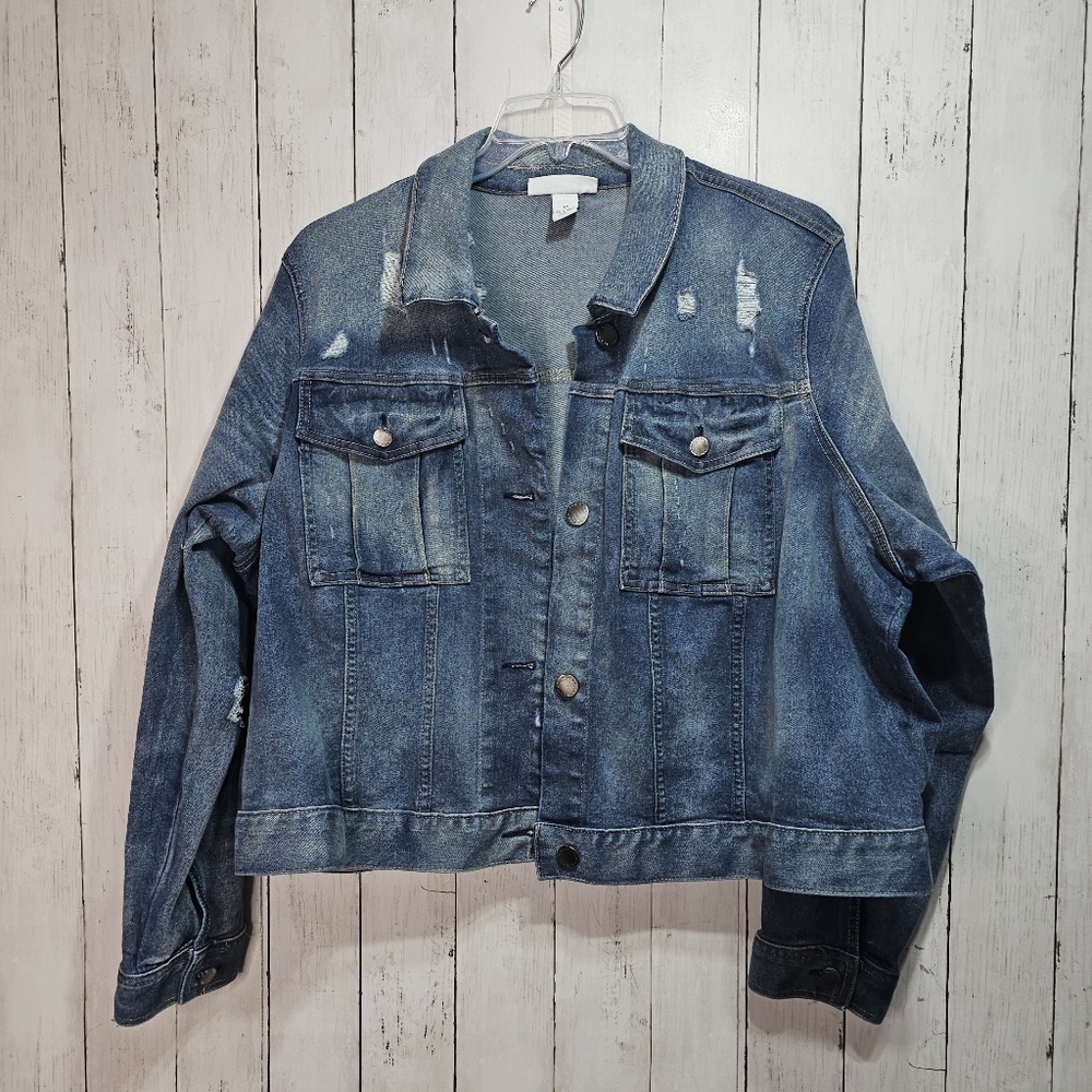 Lane Bryant Cropped Denim Trucker Jacket Women's Plus Size 24 Distressed Pockets